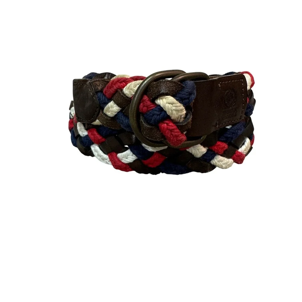 Franklin Marshall Braided Leather Textile Belt Brown Red Navy White D-Ring 40in